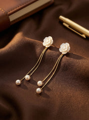 S925 Silver Needle Pearl Drop Earrings with Floral Butterfly Knot