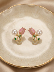 Gold-Tone Floral Drop Earrings with Pink Petals & Pearl