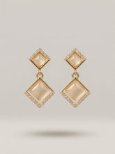 Tiered Gold Square Earrings with 925 Silver Needle & Neutral Stones