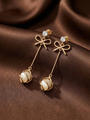 Gold Bow Pearl Drop Earrings With 925 Silver Needle