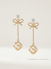 Gold Bow Pearl Drop Earrings With 925 Silver Needle