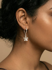 Silver Hoop Earrings with Flower Pendant - Trendy Minimal Jewelry for Women