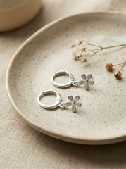 Silver Hoop Earrings with Flower Pendant - Trendy Minimal Jewelry for Women