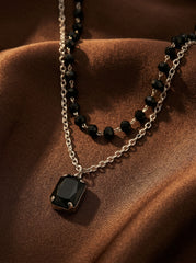 Black Double-Layer White Gold Plated Glass Bead & Acrylic Necklace