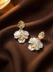 Shell Petals Gold & White Stud Earrings with Silver Needle