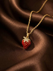 Gold Strawberry Pendant Necklace in Stainless Steel