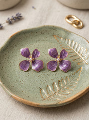 Purple Floral Silver Needle Earrings with Gold Trim