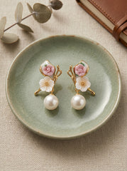 Pink White Floral Pearl Stud Earrings Gold-Tone