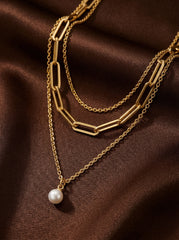 Gold Pearl Three-Layer Chain Necklace