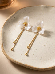 Gold & White Flower Tassel Earrings with Silver Needle