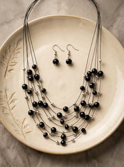 Black Multi-Layer Imitation Pearl Necklace & Earrings Set 44cm