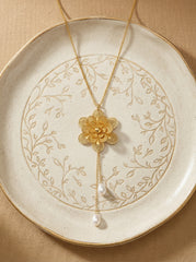 Women's Retro Gold Plated Flower Necklace with Pearl Tassel