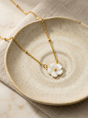 18K Gold Floral Pendant Necklace - White Flower, Stainless Steel