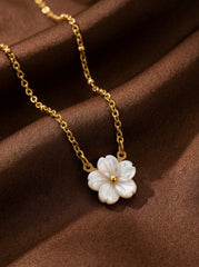 18K Gold Floral Pendant Necklace - White Flower, Stainless Steel