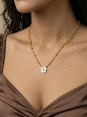 18K Gold Floral Pendant Necklace - White Flower, Stainless Steel