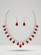 Copper Gold-Plated Red & Clear Rhinestone Necklace Earrings Set