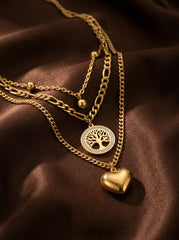 Gold Titanium Steel Multi-Layer Necklace with Heart & Tree of Life