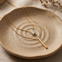 Double-Layer Gold Stainless Steel Necklace with Water Drop Rhinestone