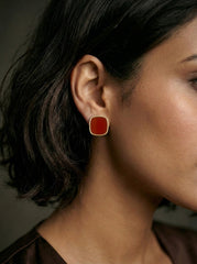 Burgundy Gold-Tone Square Stud Earrings