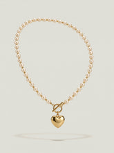 Gold-Tone Heart Pendant Pearl Necklace - Gold Plated Stainless Steel & Cream Pearls