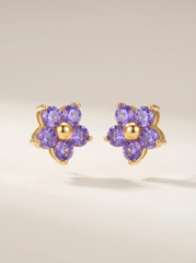 Purple Crystal Flower Stud Earrings – 18K Gold PVD Stainless Steel