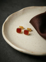 Burgundy Gold-Tone Square Stud Earrings