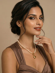 Gold-Tone Heart Pendant Pearl Necklace - Gold Plated Stainless Steel & Cream Pearls