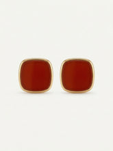 Burgundy Gold-Tone Square Stud Earrings