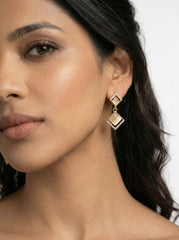Tiered Gold Square Earrings with 925 Silver Needle & Neutral Stones