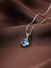 Blue Chalcedony Round Pendant Necklace Silver Chain
