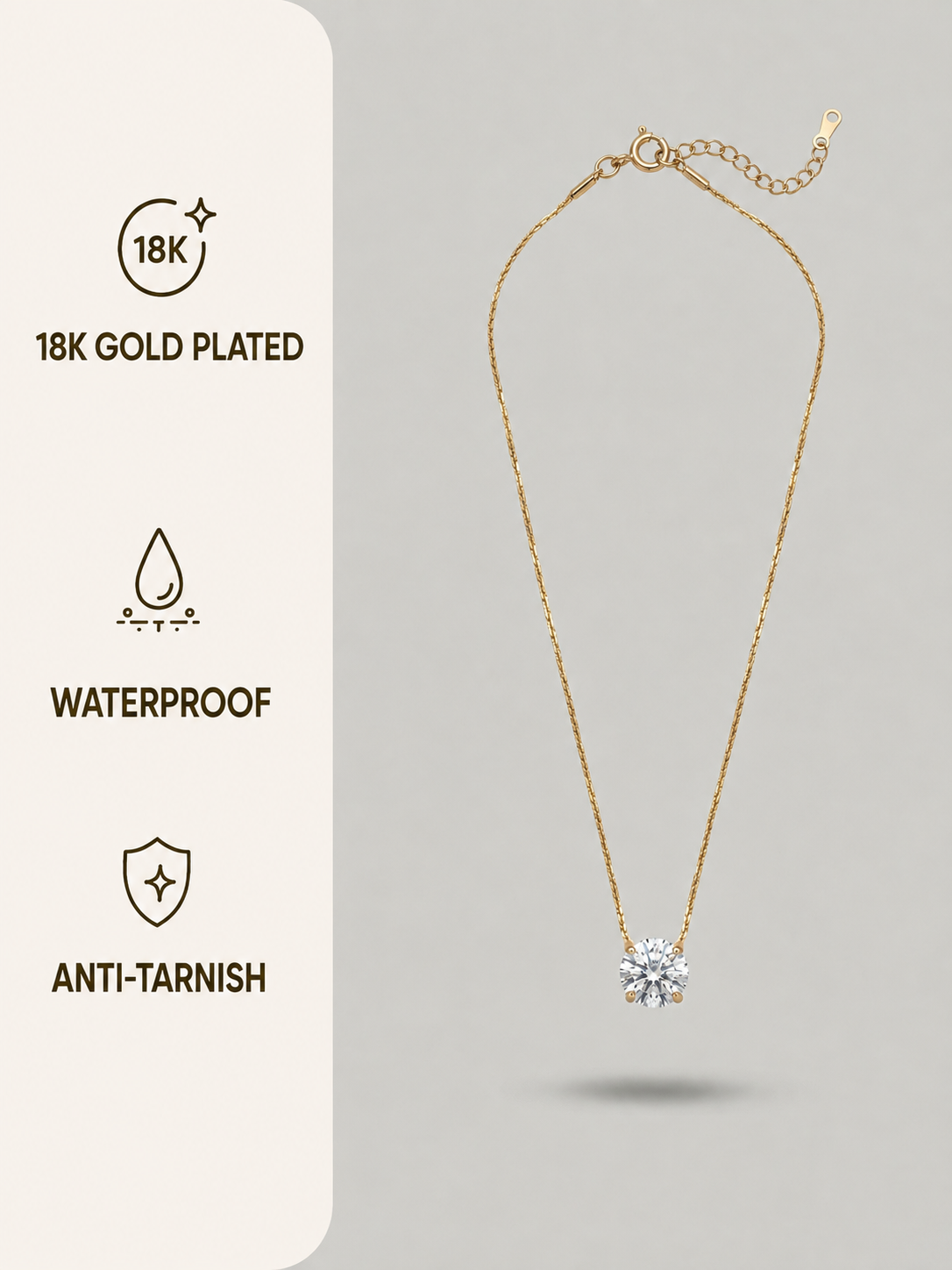 Gold 18K Plated Stainless Steel Single Diamond Pendant Necklace