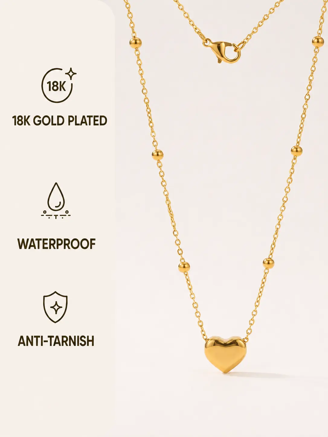 Gold PVD Stainless Steel Heart Pendant Necklace with Round Beads