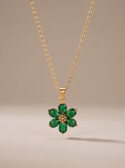 Green Enamel Flower Pendant Necklace – Gold Floral