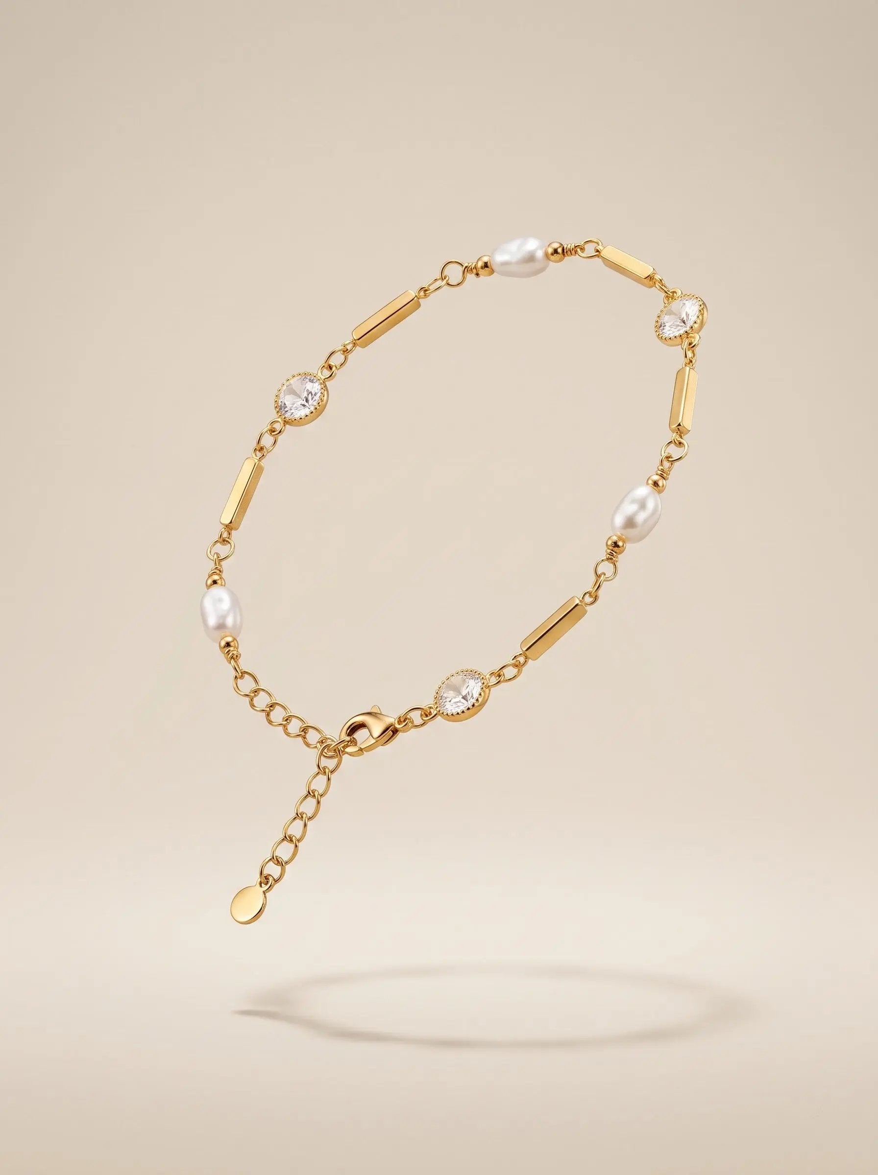 Gold Pearl Beaded Bracelet with Zircon Charm – Handmade