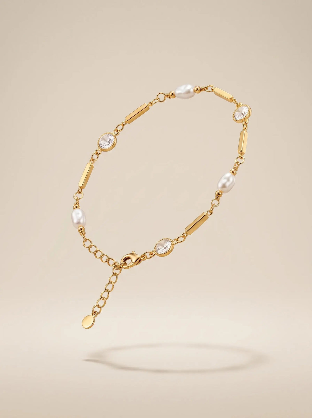 Gold Pearl Beaded Bracelet with Zircon Charm – Handmade