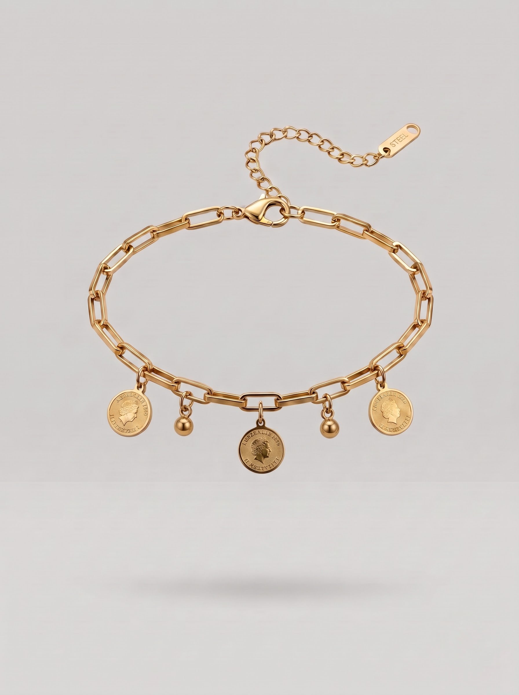 Gold Coin Disc Bracelet – Polished Stainless Steel Charms