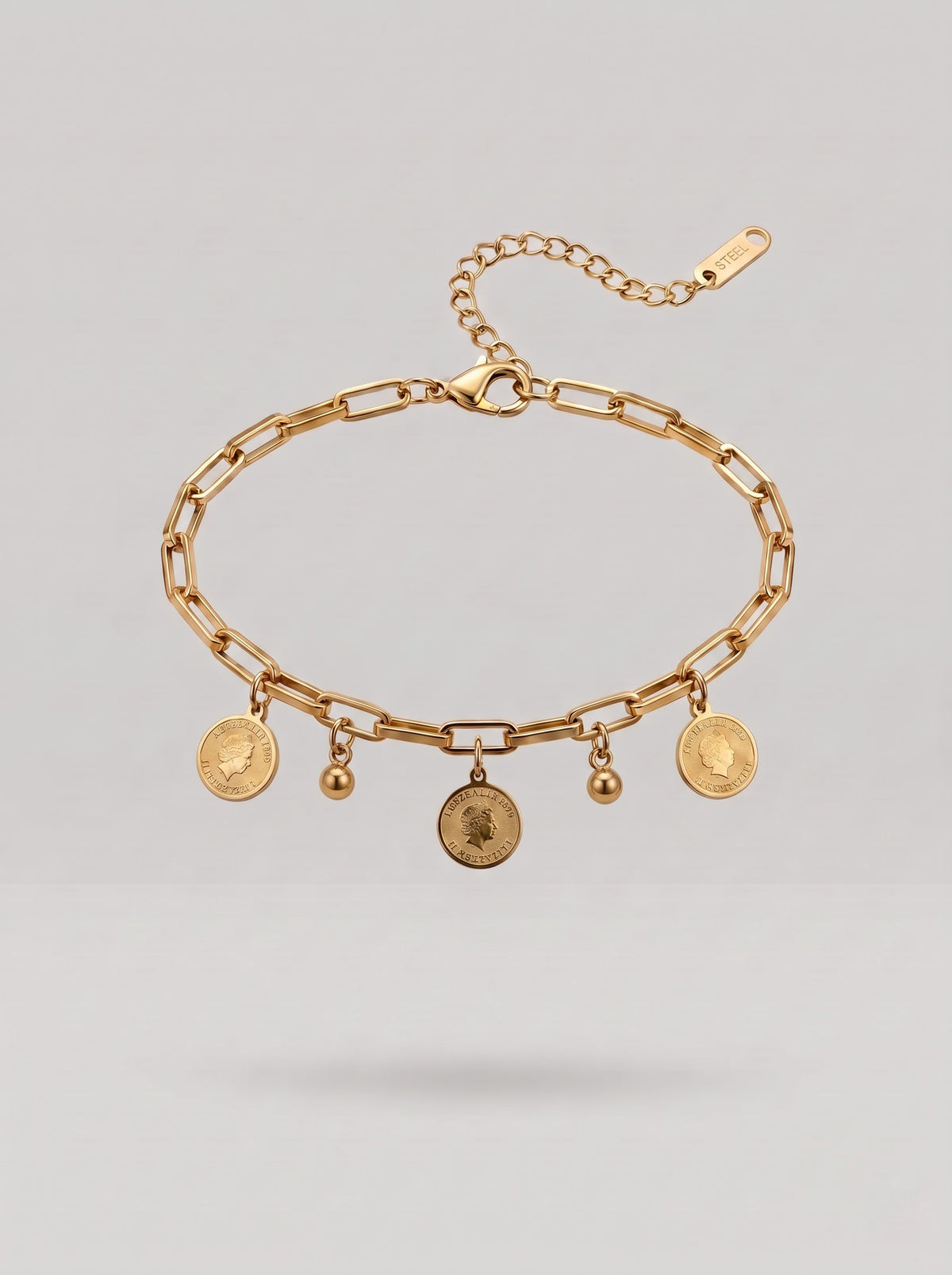 Gold Coin Disc Bracelet – Polished Stainless Steel Charms