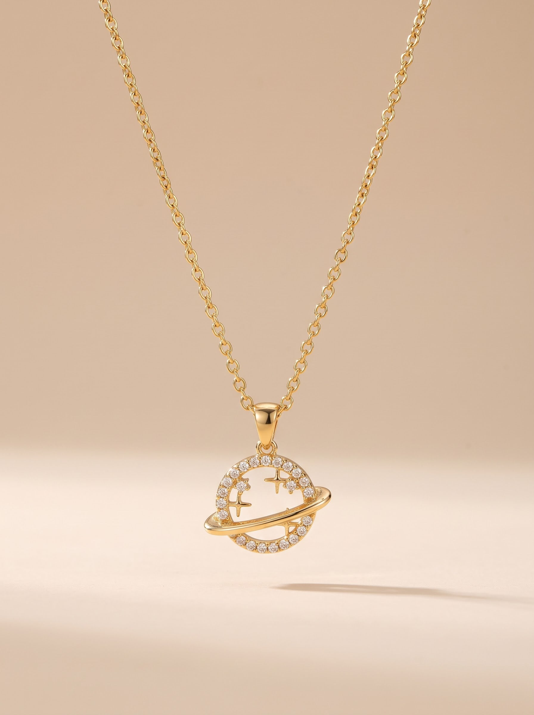 Smiley Planet Zircon Pendant Necklace – Gold-Plated Copper