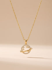 Smiley Planet Zircon Pendant Necklace – Gold-Plated Copper