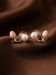 S925 Silver Pearl Stud Earrings with Floral Leaf Enamel Detail