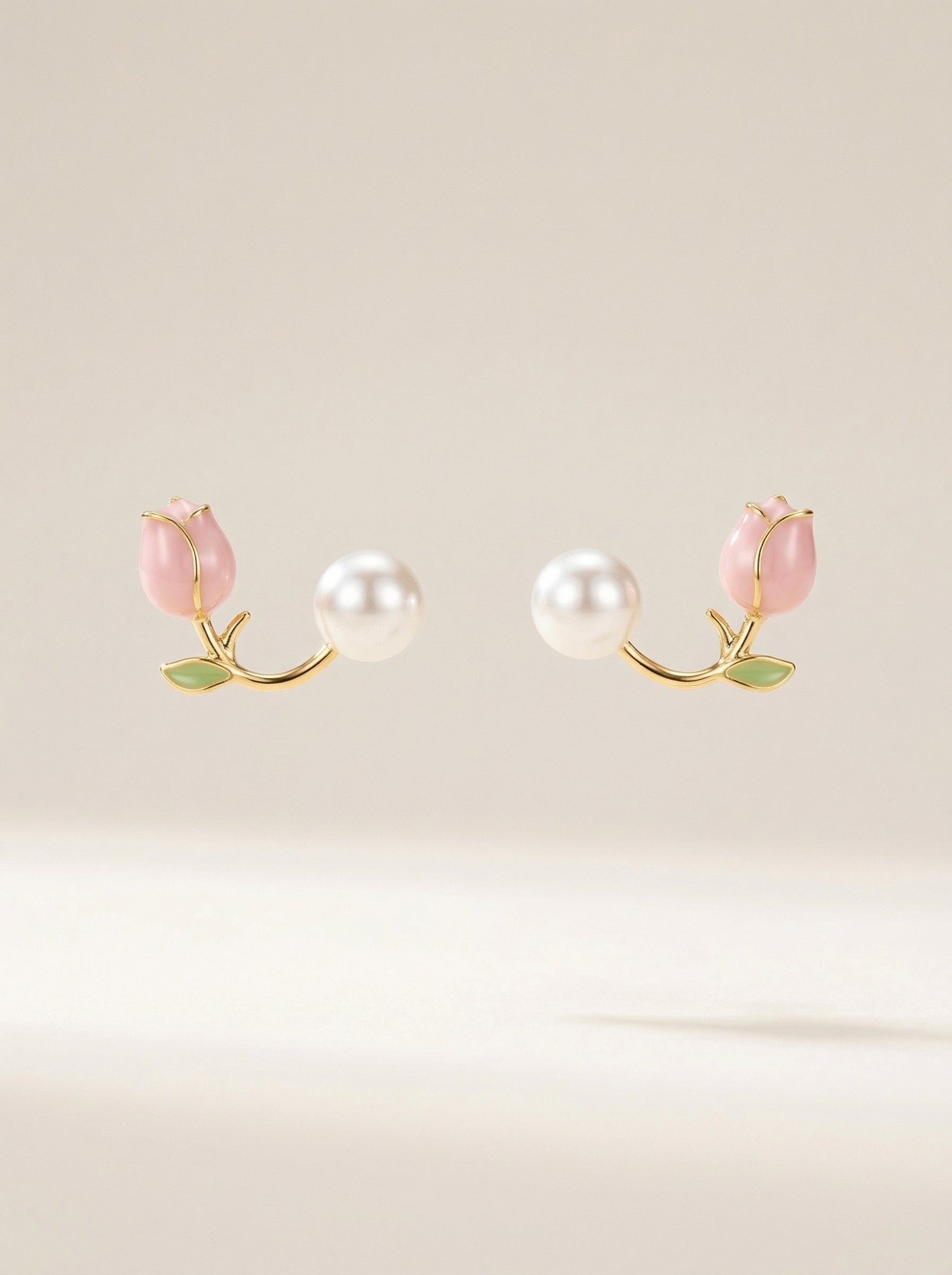 S925 Silver Pearl Stud Earrings with Floral Leaf Enamel Detail