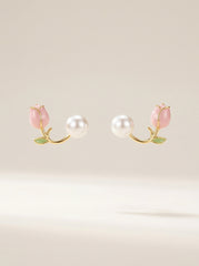 S925 Silver Pearl Stud Earrings with Floral Leaf Enamel Detail