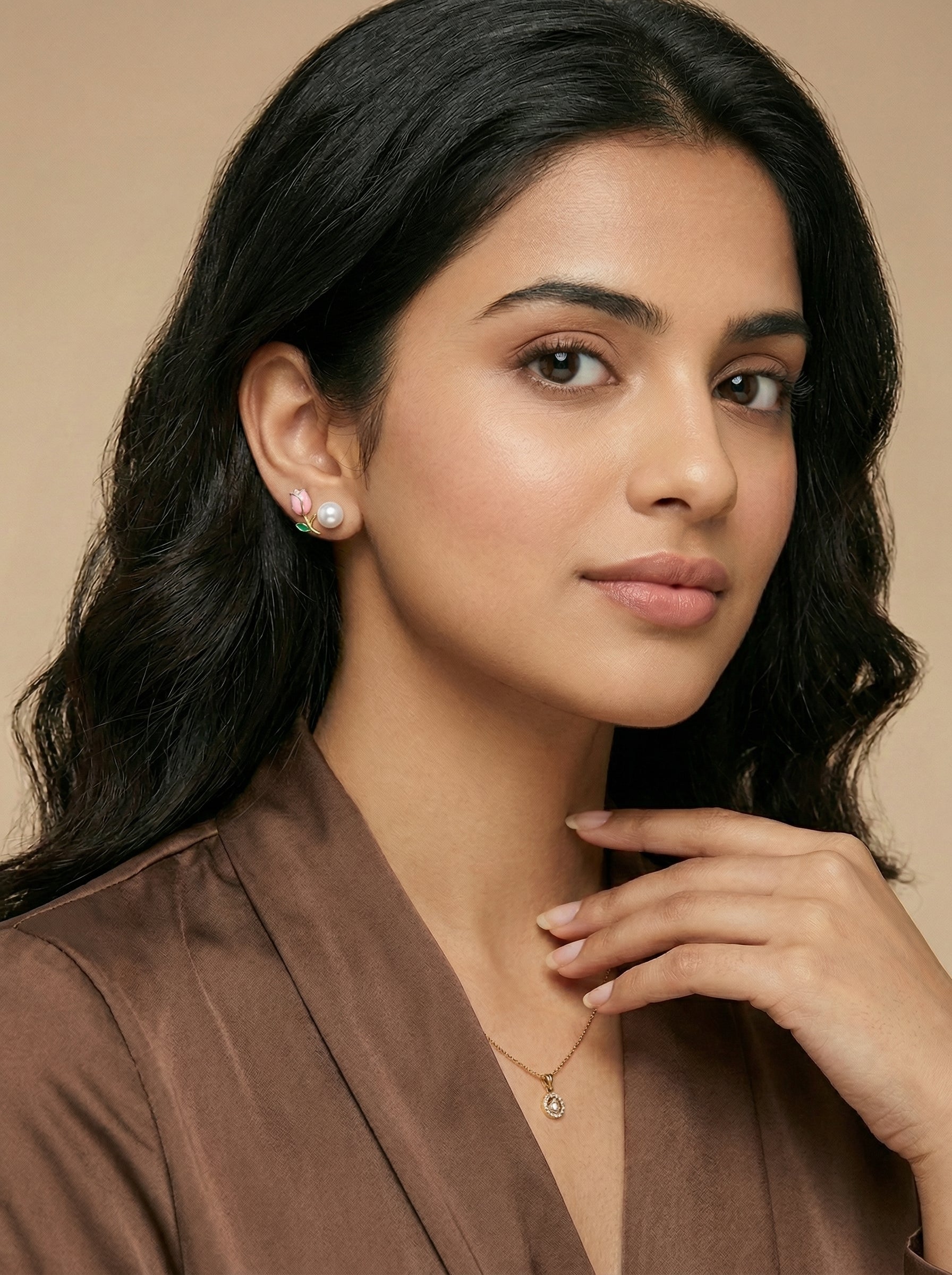 S925 Silver Pearl Stud Earrings with Floral Leaf Enamel Detail