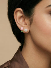S925 Silver Pearl Stud Earrings with Floral Leaf Enamel Detail