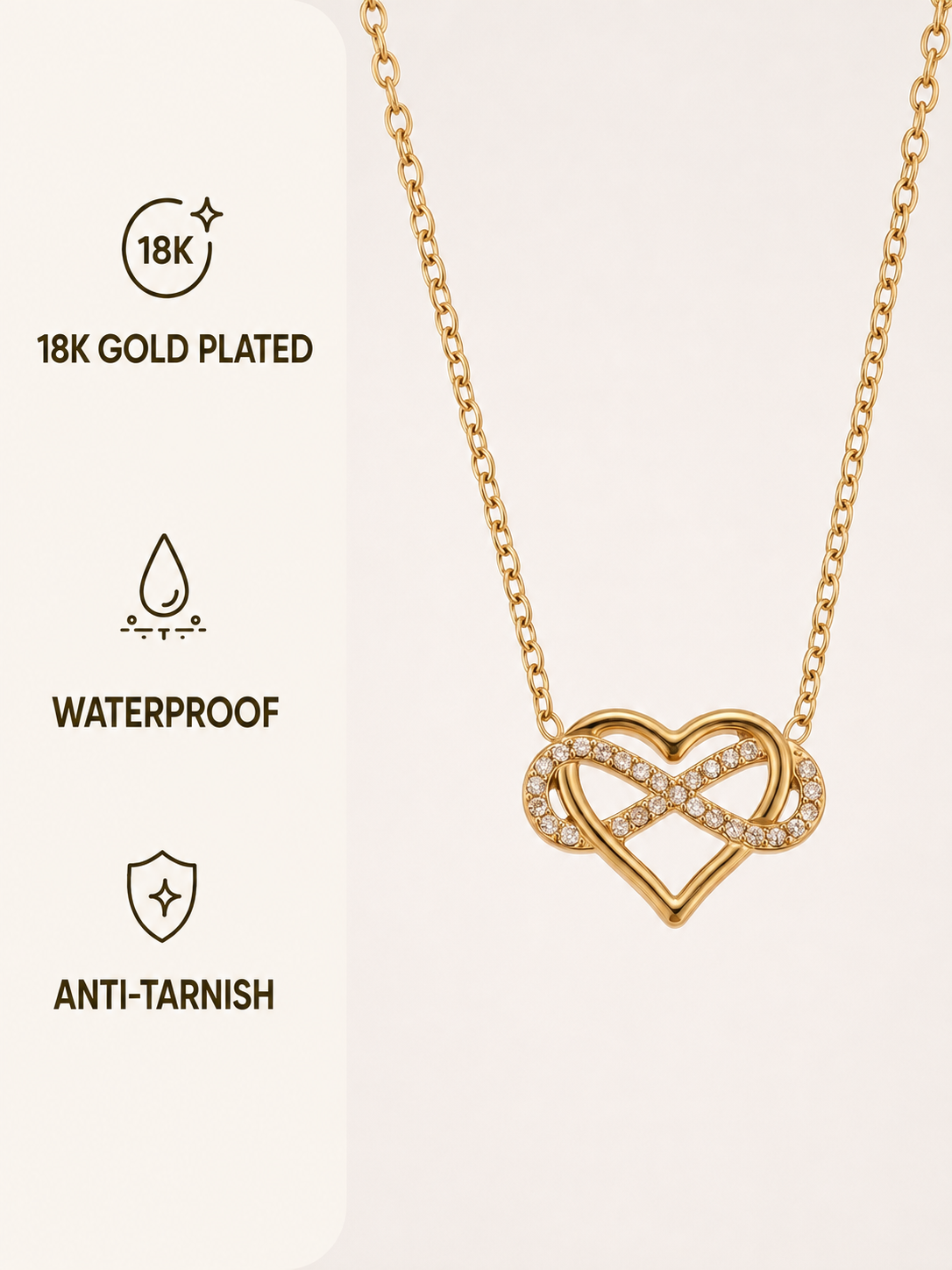 Gold Stainless Steel Heart & Infinity Zircon Necklace Adjustable Chain