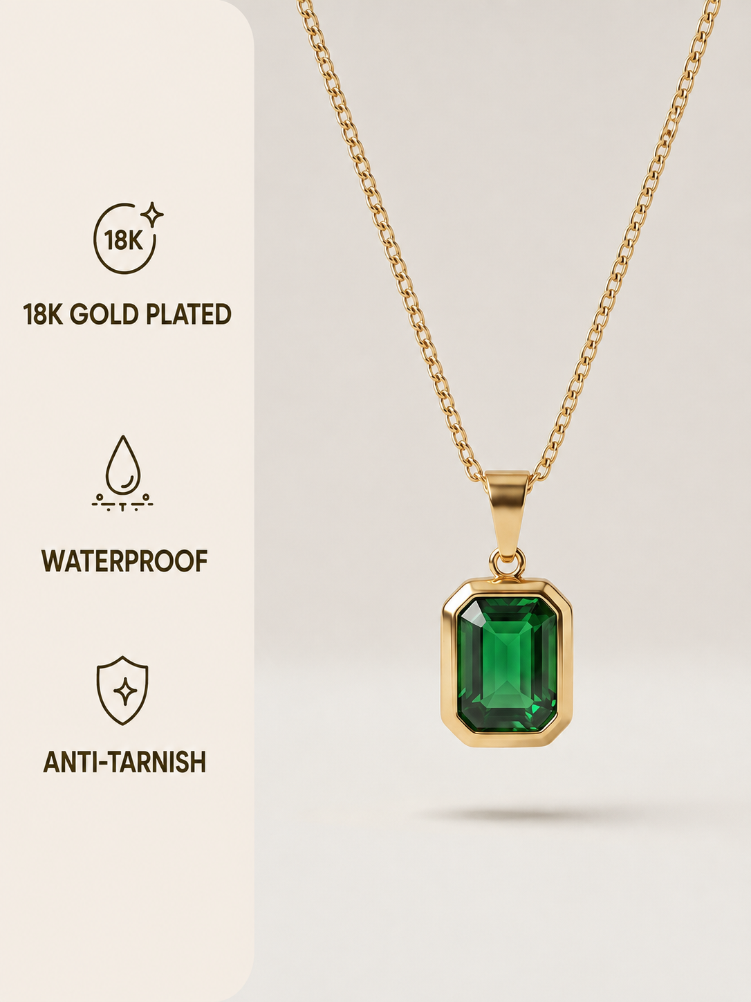 Green Stone Pendant Necklace – Gold-Plated Stainless Steel