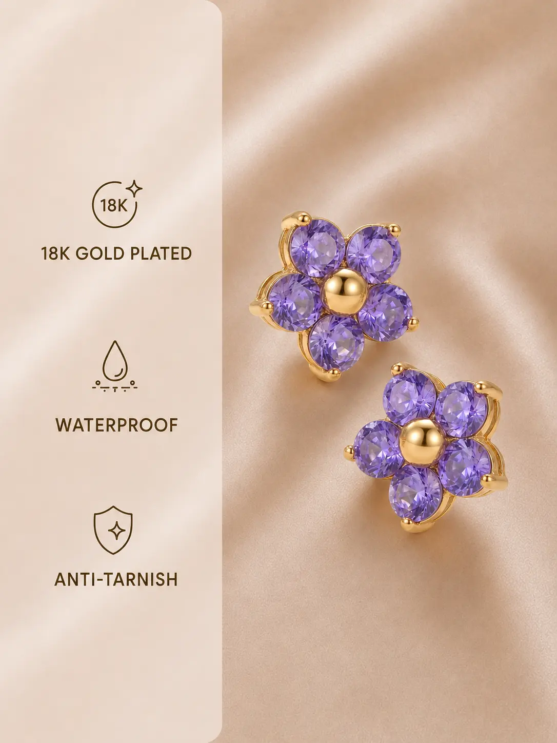 Purple Crystal Flower Stud Earrings – 18K Gold PVD Stainless Steel