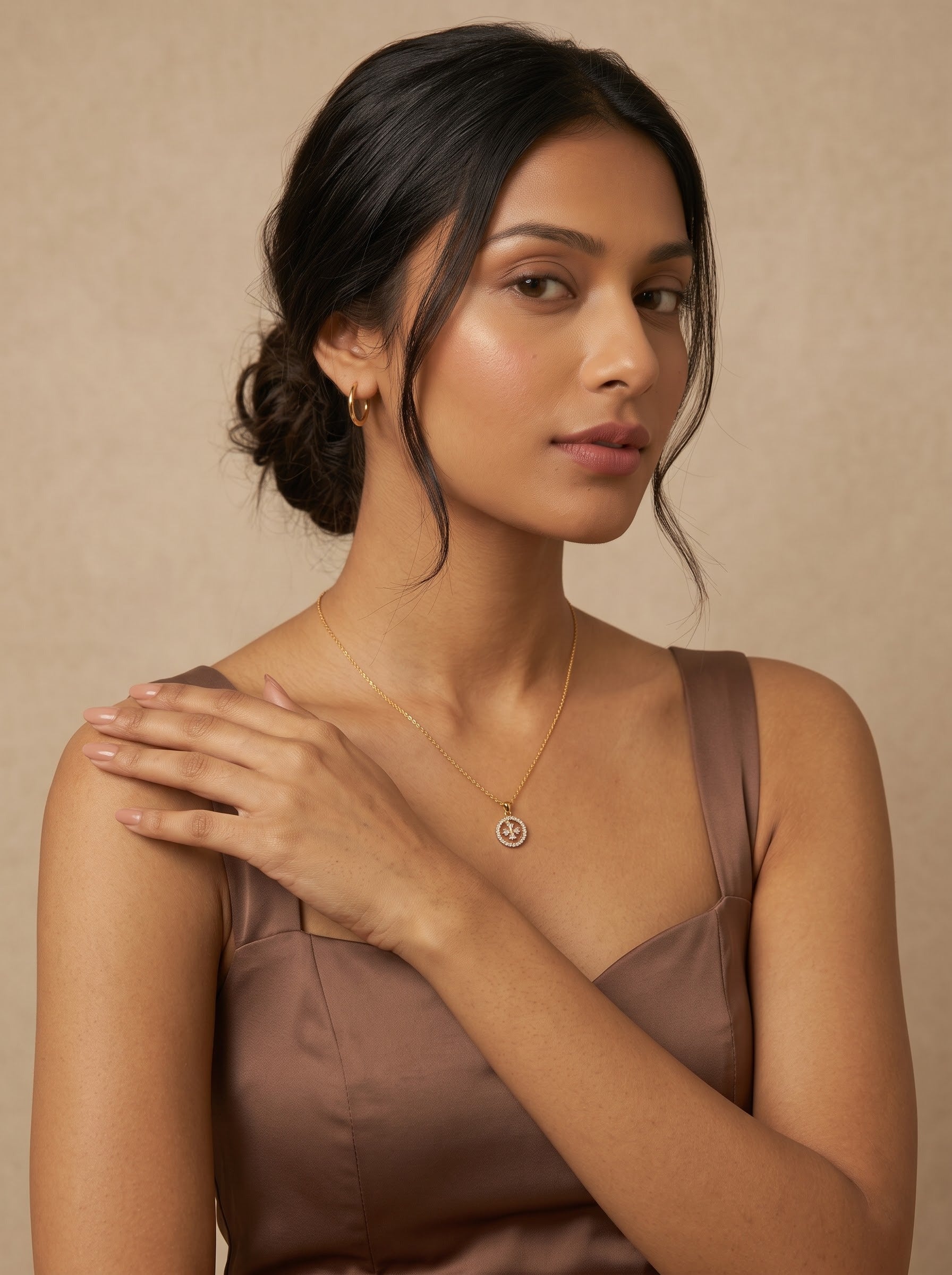 E-Shaped Floral Zircon Pendant Necklace – Gold-Plated Copper