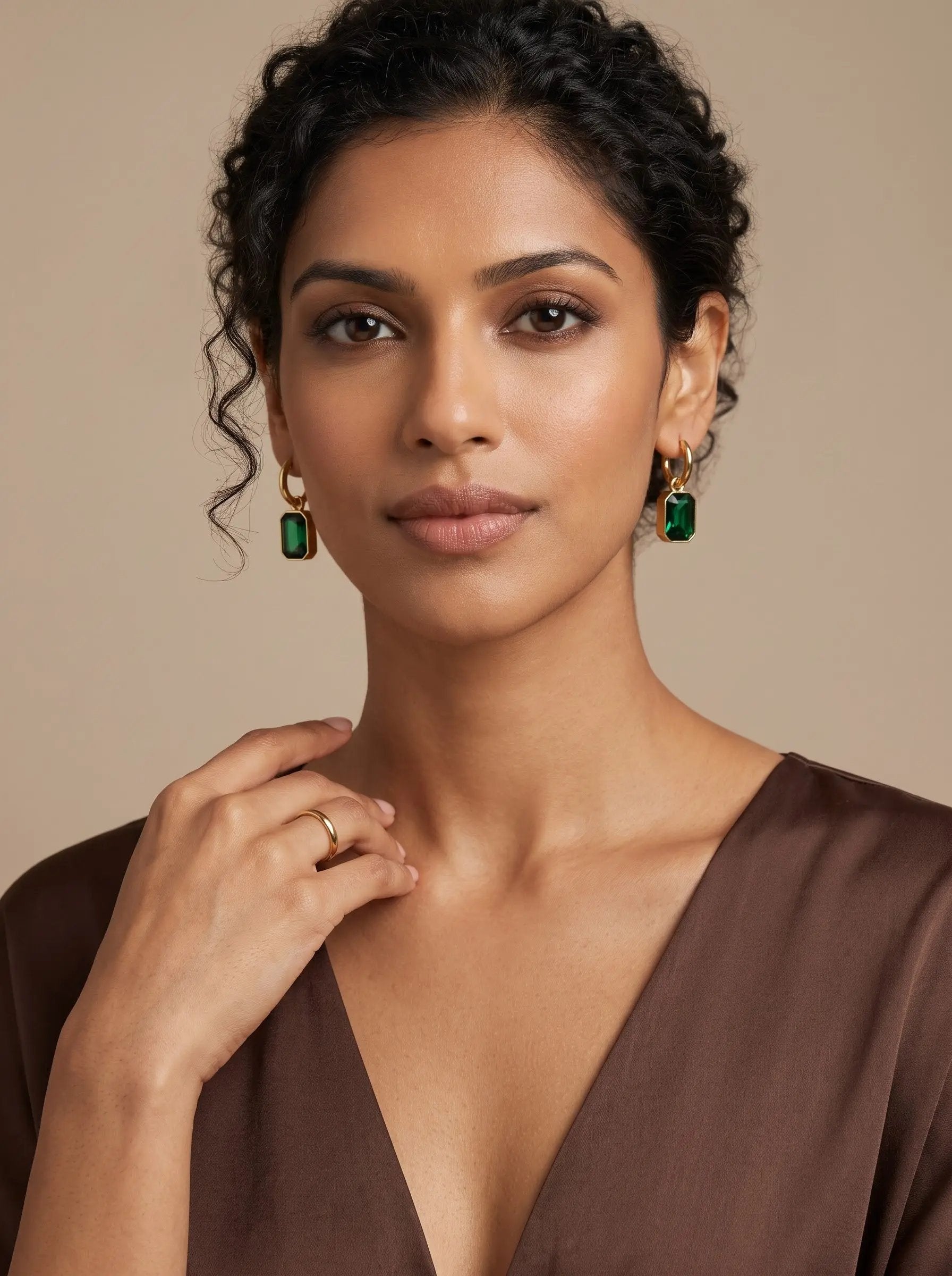 Green Zircon Drop Huggie Earrings – 18K Gold Emerald Tone