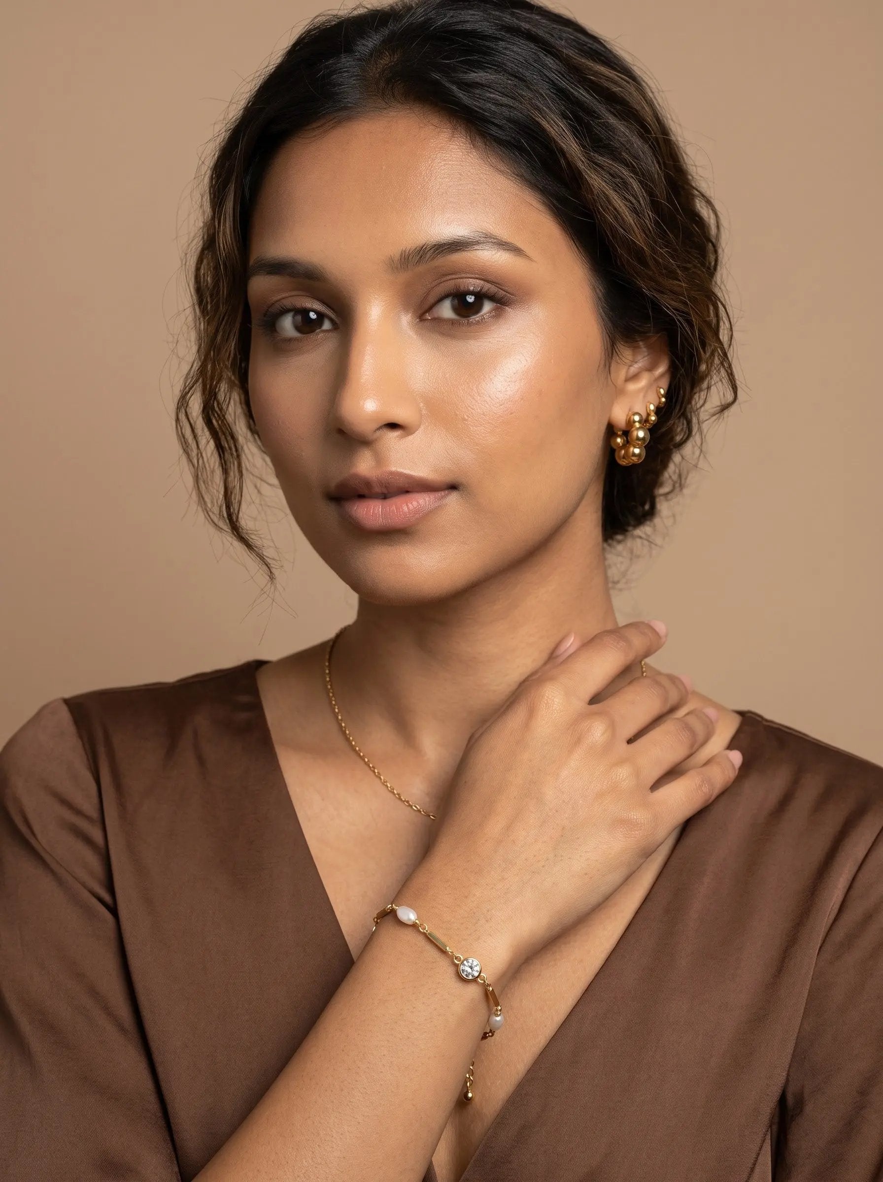 Gold Pearl Beaded Bracelet with Zircon Charm – Handmade
